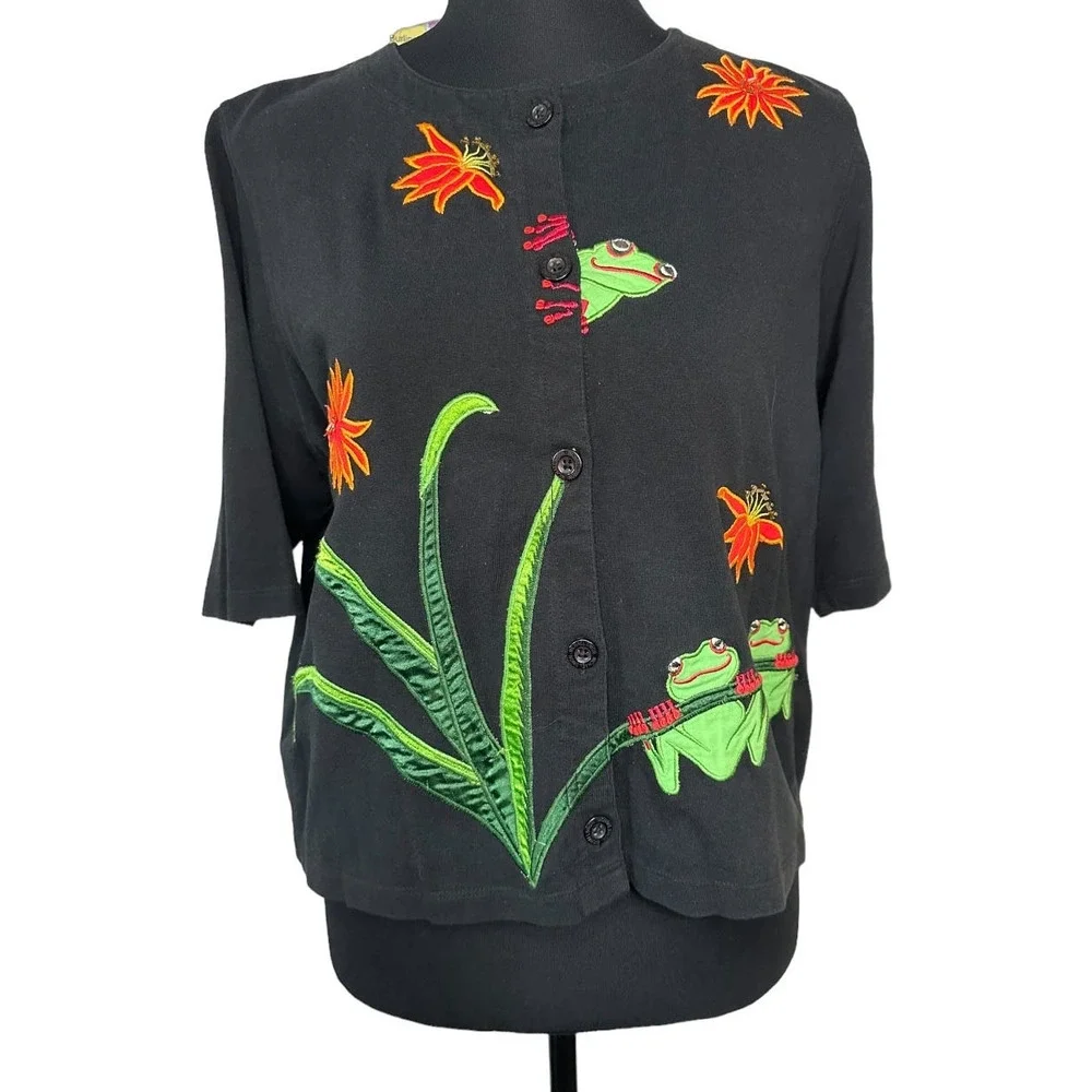 Michael Simon Black Frog and Flower Embroidered Short Sleeve Cardigan Size M - Picture 1 of 6